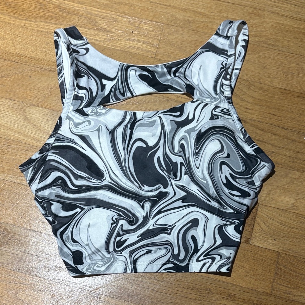 Women’s Black & White Marble Crop Tank Top with Built in Padding